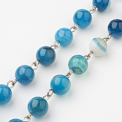 Темно-Голубой Натуральные полосатые агатовые / полосатые агатовые ручные бисерные цепи, несварные, с железным штифтом, платина, глубокое синее небо, 39.37 дюйм