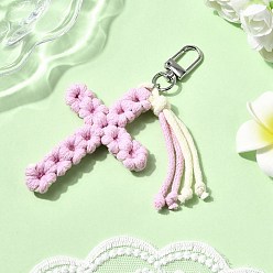 Бледно-Розовый Хлопок подвесные украшения, с поворотными застежками сплава, крестик, платина, розовый жемчуг, 118 мм