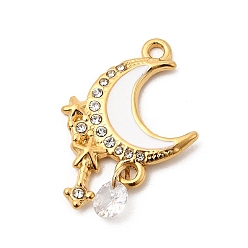Белый 304 из нержавеющей стали горный хрусталь подвески, Луна прелести, Эмаль стиле, ионное покрытие (ip), реальный 18 k позолоченный, белые, 26x18x3 мм, отверстие : 1.8 мм