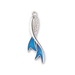 Platinum Alloy Rhinestone Pendants, with Blue Enamel, Fish Tail Charms, Cadmium Free & Lead Free, Platinum, 45x13.5x3mm, Hole: 3mm