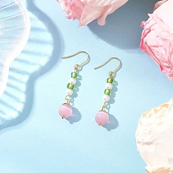 Pink Глаза кота болтаться серьги, круглые, со стеклом и ракушечным жемчугом, золотые, розовые, 43x7.5~8 мм