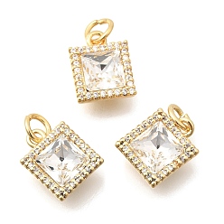 Настоящее золото 18K Подвески из латуни с микропаве, прозрачными кубическими циркониями и стеклом., квадратный шарм, с целью перехода в кольце, граненые, реальный 18 k позолоченный, 11.5x9x5 мм, отверстие : 3 мм