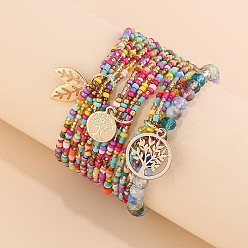 Разноцветный 3шт. браслеты с подвесками из сплава, многорядные браслеты из стеклянных бусин для женщин, золотые, красочный, 2-1/8~3 дюйм (5.5~7.5 см)