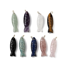 Смешанные камни Резные подвески из натурального смешанного камня, рыбы прелести, с 304 кольцами из нержавеющей стали, золотые, 33.5~34.5x10.5x7~7.5 мм, отверстие : 7 мм