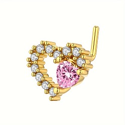 Сердце Г-образные кольца для носа с латунным паве из розового кубического циркония, золотые, сердце, 5~24x4~9 мм