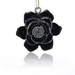 Noir Accessoires collier pendentif de fleurs belles, Pendentifs en émail , argent antique, noir, 45x46x6mm, Trou: 3mm