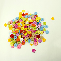 Mixed Color Fashionable Plum Blossom Shape Buttons With Assorted Colors, ABS Plastic Button, Mixed Color, 15mm, Hole: 2mm, about 400pcs/bag