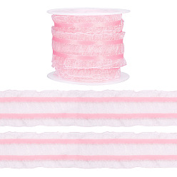 Pink Polyester Lace Ribbon, Ruffled Lace Ribbon, for Gift Decoration, with 1Pc Plastic Spools, Pink, 1 inch(25mm), about 5 Yards(4.57m)