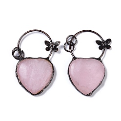 Rose Quartz Natural Rose Quartz Heart Big Pendants, Red Copper Plated Brass Ring & Butterfly Charms, 56.5x35x7.5mm, Hole: 6mm
