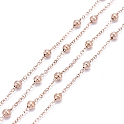 Розовое Золото Ионное покрытие (ip) 304 кабельные цепи из нержавеющей стали, с 304 из нержавеющей стали бусы, пайки, с катушкой, розовое золото , ссылка: 1.5x1.2x0.2 mm, бусины : 3 мм, около 32.8 футов (10 м) / рулон