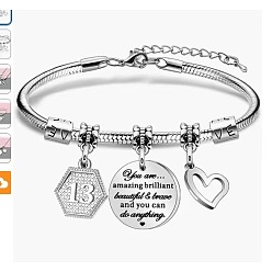 Нержавеющая Сталь Цвет День рождения 201 браслеты с подвесками из нержавеющей стали, браслеты из змеиной цепи для женщин, шестиугольник, сердце и плоский круг, цвет нержавеющей стали, 3 дюйм (7.5 см)