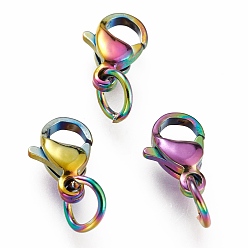 Rainbow Color Ion Plating(IP) 304 Stainless Steel Lobster Claw Clasps, With Jump Ring, Rainbow Color, 9x5.5x3.5mm, Hole: 3mm, Jump Ring: 5x0.6mm