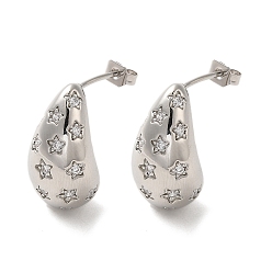 Platinum Brass with Cubic Zirconia Stud Earrings, Teardrop with Star, Lead Free & Cadmium Free, Long-Lasting Plated, Platinum, 22x12mm