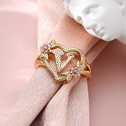 Letter V Сердце с цветком полые латунные перстни, золотой и розовое золото, Буква V, внутренний диаметр: 17 мм