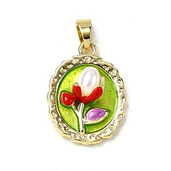 Oval Латунь эмаль подвески, с абс пластмассовой имитационной жемчужиной, долговечный, без кадмия и без свинца, стойки покрытие, реальный 18 k позолоченный, цветок, овальные, 25.5x19x7.5 мм, отверстие : 6.4x3 мм