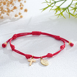 Красный Латунь шарм браслеты, регулируемые плетеные браслеты из нейлонового шнура для женщин, крест и овал с девой марией, золотые, красные, регулируемый
