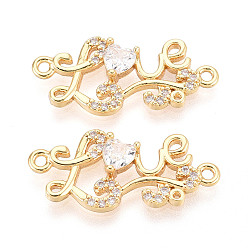 Настоящее золото 18K Латунные подвески-звенья/соединители с прозрачными кубическими цирконами в форме слова «любовь», без никеля , реальный 18 k позолоченный, 24x11x3 мм, отверстие : 1.2~1.4 мм