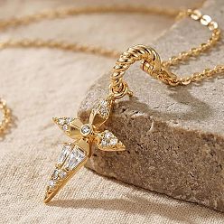 Golden Brass Pave Clear Cubic Zirconia Cross Pendant Necklaces for Women, Golden, 15.75~17.72 inch(40~45cm)
