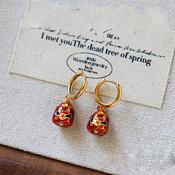 Dark Red Brass Enamel & Cubic Zirconia Hoop Dangle Earrings, Chick, Golden, Dark Red, 22.7x11mm