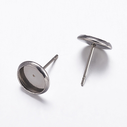 Stainless Steel Color 304 Stainless Steel Stud Earrings Findings, Flat Round, Stainless Steel Color, Tray: 6mm, 8mm, Pin: 1mm