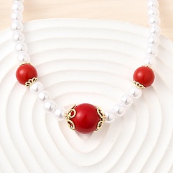 Настоящее золото 18K Ожерелья из круглых градуированных бусин из латуни и искусственного жемчуга АБС, красный и белый, без кадмия и без свинца, стойки покрытие, долговечный, реальный 18 k позолоченный, 18.11 дюйм (46 см)