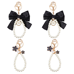 Черный 4 шт. 2 стили брелки с подвеской в виде цветка из сплава и ткани с бантом, с пластиковой бусинкой, имитирующей жемчуг, чёрные, 149~160 мм, 2 шт / стиль