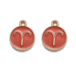 Овен Подвески из эмали и сплава, плоский круглый с созвездием / знак зодиака, золотые, Овен, помидор, 15x12x2 мм, отверстие : 1.5 мм