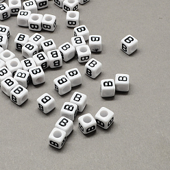 Letter B Большой дыра акрил письмо европейский бисер, горизонтальное отверстие, белый и черный, куб с letter.b, 7~8x7~8x7~8 мм, отверстие : 4 мм, Около 1144 шт / 500 г