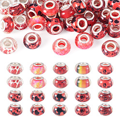 Красный 30шт. напечатанных прозрачных европейских бусин из смолы, бусины с большим отверстием, рондель с латунными сердечниками, покрытыми серебром, и блестящей пудрой, красные, 14x8.5 мм, отверстие : 5 мм