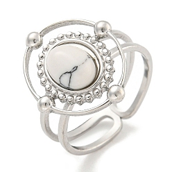 Синтетическая Бирюза 304 манжеты из нержавеющей стали с синтетической бирюзой, овальные открытые кольца с широкой полосой для женщин и мужчин, цвет нержавеющей стали, 16x18.5 мм, внутренний диаметр: регулируемый.