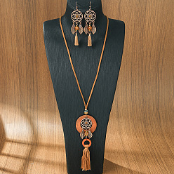 Красная Медь Плетеная сетка/паутина с перьевым сплавом и комплекты из дерева и серег, комплекты украшений из искусственной кожи, Красная медь, ожерелья: 400 мм; серьга: 90x23мм