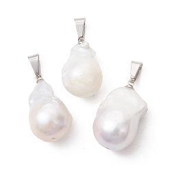 Нержавеющая Сталь Цвет Подвески из натурального барочного жемчуга кеши, подвески-самородки с 304 защелками из нержавеющей стали, белые, цвет нержавеющей стали, 24.5~27.5x14~15.5x14 мм, отверстие : 7x3.5 мм