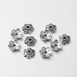 Antique Silver Tibetan Style Alloy Flower Bead Caps, Antique Silver, 9x2mm, Hole: 1mm