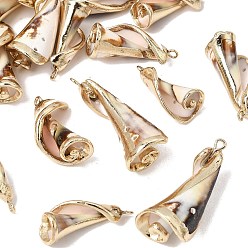 Seashell Color Brass & Natural Shell Pendants, Conch Shape Charms, with Golden Plated Edge, Seashell Color, 31~41x11~16x11~16mm, Hole: 1.8mm