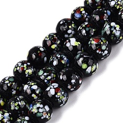 Black Handmade Lampwork Beads Strands, Speckled Round, Black, 7.5~9mm, Hole: 0.8~1.4mm, about 45~46pcs/strand, 12.60~13.58 inch(32~34.5cm)