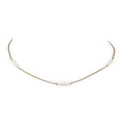 Золотой 4.5Мм круглые белые жемчужины-ракушки и 304 ожерелья из нержавеющей стали для женщин, золотые, 15.94 дюйм (40.5 см)