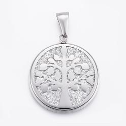 Stainless Steel Color 304 Stainless Steel Pendants, with Glitting Cloth, Tree of Life, WhiteSmoke, Stainless Steel Color, 34x30x4mm, Hole:10x4mm