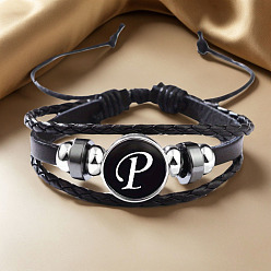 Letter P Регулируемые многослойные браслеты из искусственной кожи, браслеты из латунных стеклянных бусин, плоские круглые с буквы, платина, Письмо P, 7-1/8~9-1/8 дюйм (18~23 см)