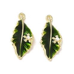 Золотой Стойки обшивки сплава эмали подвески, с ABS имитации жемчуга, без кадмия, без никеля и без свинца, очарование листа, золотые, 26x12x6 мм, отверстие : 1.6 мм