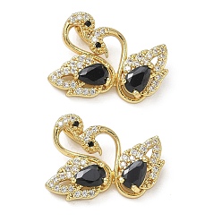 Golden Brass Micro Pave Black Cubic Zirconia Pendants, Double Swans Charms, Golden, 15.5x22x7mm, Hole: 4x3mm