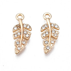 Cristal Pendentifs en alliage, avec strass, sans cadmium et sans nickel et sans plomb, charmes de feuilles, or et de lumière, cristal, 21x8.5x2mm, Trou: 1.6mm