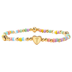 Letter T Summer Stainless Steel Heart Alphabet Colorful Glass Seed Beaded Stretch Bracelets for Women, Golden, Letter T, 6.89 inch(17.5cm)