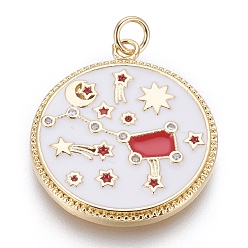 Золотой Латуни циркония кубической подвески, с эмалью, плоский круглый с ковшом, белые, золотые, 27.5x24x2 мм, отверстие : 3 мм