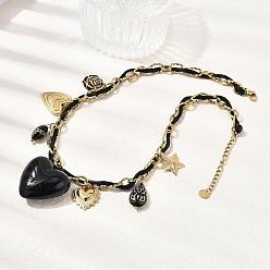 Золотой 304 Женские ожерелья с подвеской в виде черного сердца из нержавеющей стали и акрила, золотые, 15.75 дюйм (40 см)