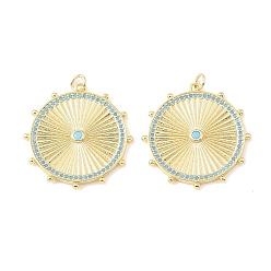 Plaqué 18K Or Véritable Pendentifs en laiton micro pavé de zircons cubiques bleu ciel, charmes rondes plates, crémaillère plaquage, plaqué longue durée, sans plomb et sans cadmium, réel 18 k plaqué or, 31x30x2.5mm, Trou: 3mm