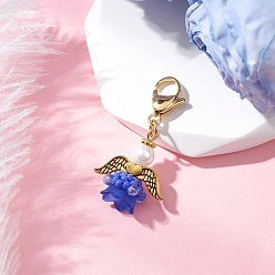 Королевский синий Подвесные украшения в виде цветочного ангела из стекла и акрила, с 304 из нержавеющей стали Lobster Claw застежками, королевский синий, 38.5 мм