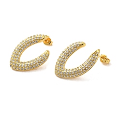 Real 16K Gold Plated Brass Micro Pave Clear Cubic Zirconia Stud Earrings for Women, Letter C, Real 16K Gold Plated, 25.5x18mm