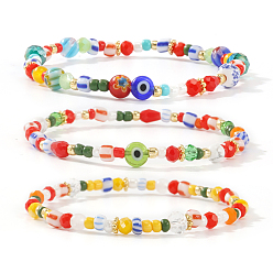 Couleur Mélangete 3pcs 3 styles ensembles de bracelets extensibles bohèmes faits main en verre et fil de verre avec œil protecteur, bracelets empilables réglables pour femmes, couleur mixte, 6.89 pouce (17.5 cm), 1 pc / style