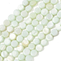 Pale Green Natural Freshwater Shell Coin Beads Strands, Dyed, Flat Round, Pale Green, 6~6.5x2.5mm, Hole: 0.8mm, about 66pcs/strand, 14.96 inch(38cm)