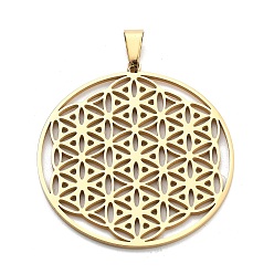 Настоящее золото 18K Ионное покрытие (ip) 304 подвески из нержавеющей стали, духовные чары, плоский круг с цветком жизни / сакральной геометрией, реальный 18 k позолоченный, 42x39x1.2 мм, отверстие : 8x6 мм